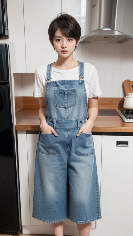 (8k, RAW Photos, highest quality, masterpiece: 1.2), Very detailed, Super Resolution, (Genuine, Genuine photos: 1.37)，slippers，apron，mini denim jeans，kitchen，((Short Crop Hair))，