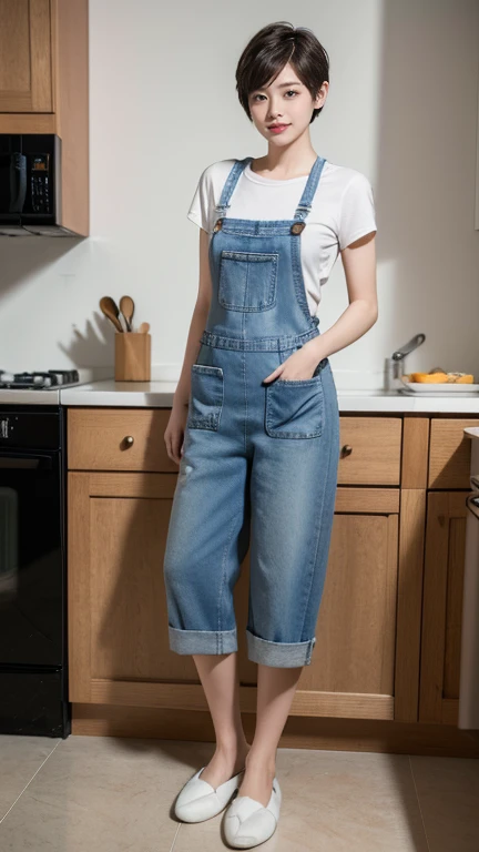 (8k, RAW Photos, highest quality, masterpiece: 1.2), Very detailed, Super Resolution, (Genuine, Genuine photos: 1.37),slippers,apron,mini denim jeans,kitchen,((Short Crop Hair)),