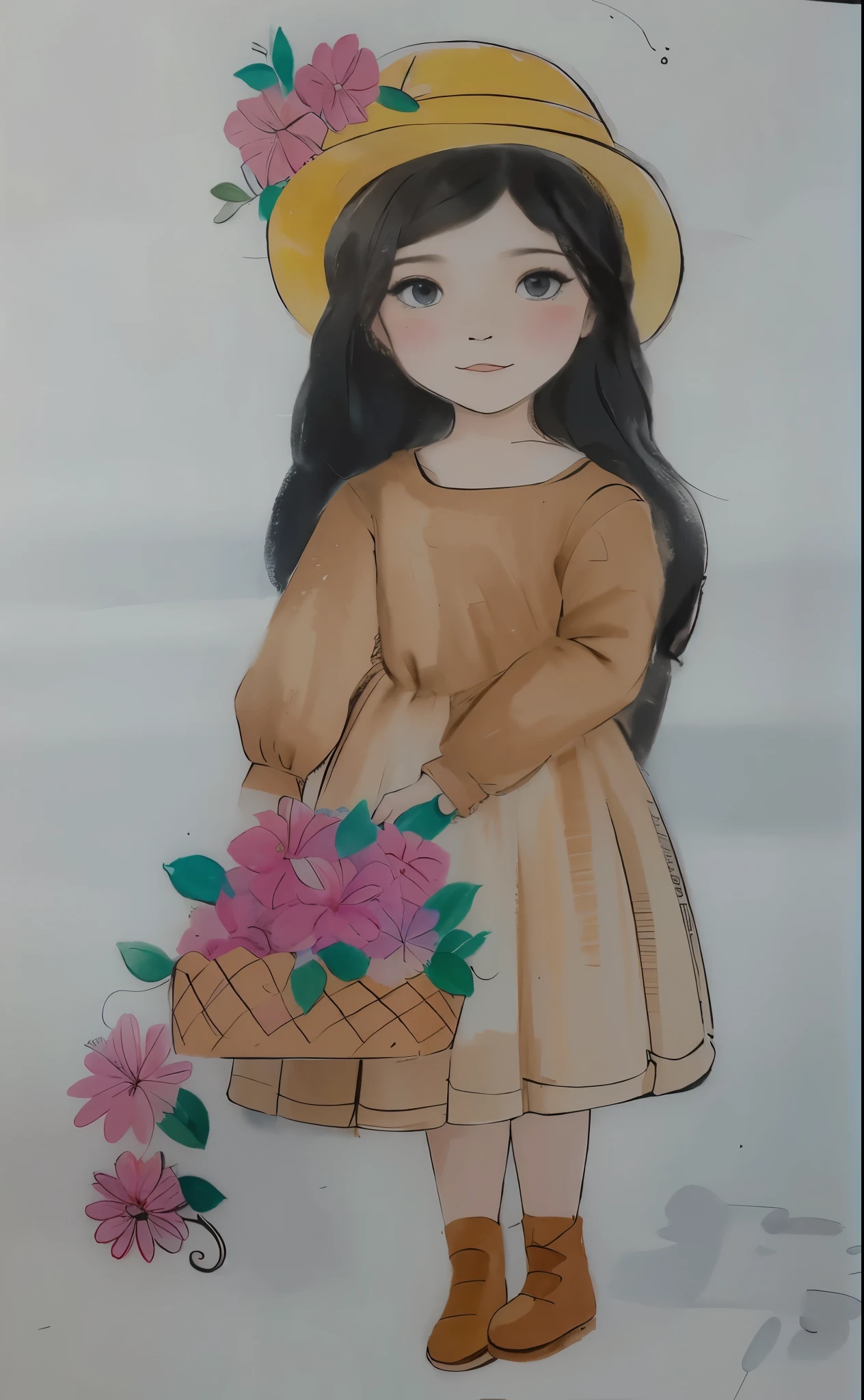 desenho de uma  com uma cesta de flores, com seus cabelos negros usando chapeu, watercolored, pastel artwork, colored sketch, colorized pencil sketch