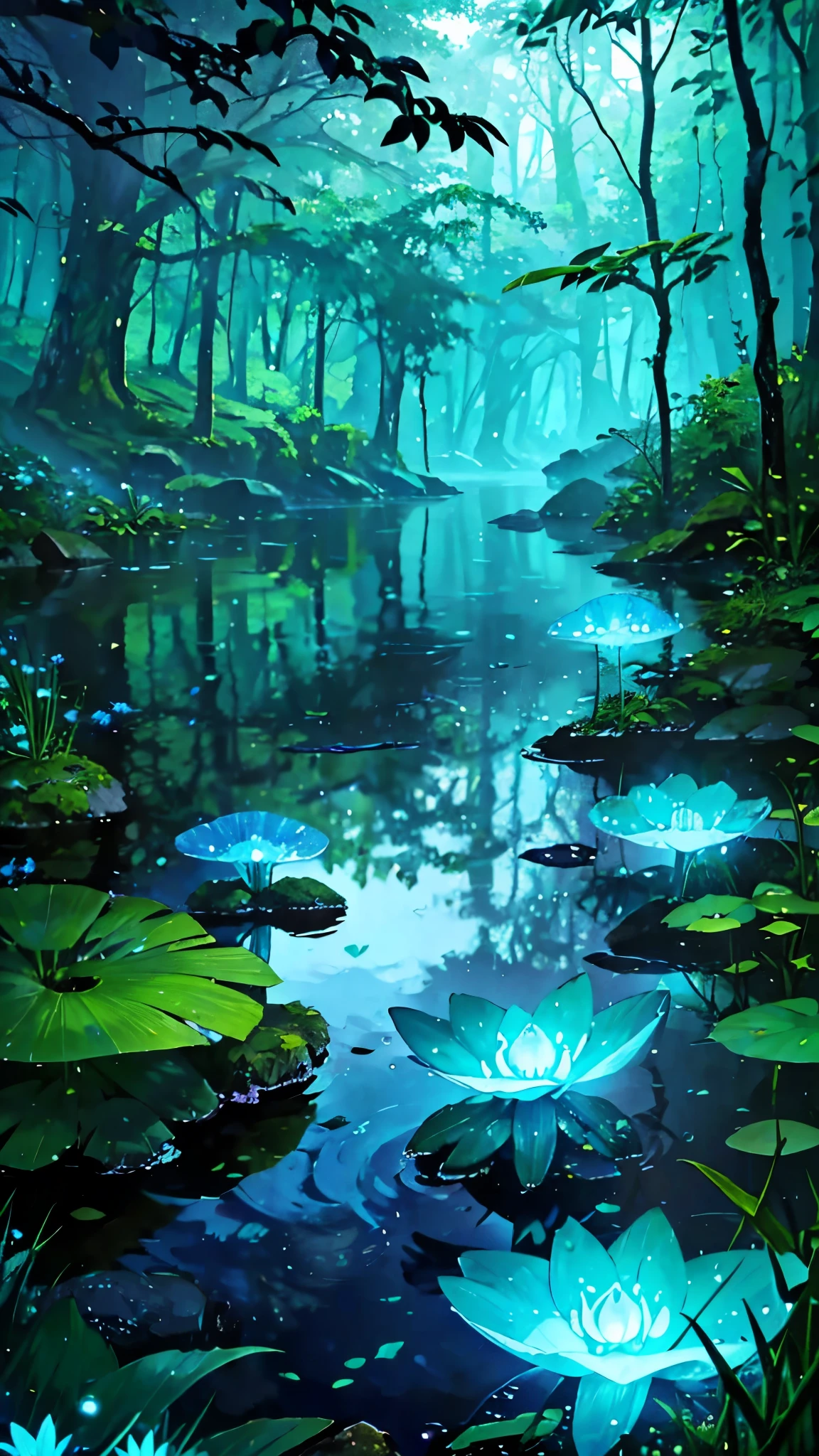 On a gentle, rainy day in a mystical forest, an ethereal pond lies hidden away from the prying eyes of the outside world. Surrounded by ancient trees whose leaves filter the light into a soft, emerald glow, the pond shimmers with a mysterious light of its own, reflecting the subtle dance of the raindrops that disturb its otherwise tranquil surface. Tiny, luminous fish can be glimpsed beneath the water, darting between rocks and water plants. A narrow, cobblestone path leads to the pond, inviting the rare traveler to witness this serene spectacle, with lanterns hanging from the branches to light the way, their glow merging with the natural bioluminescence of the surrounding flora.