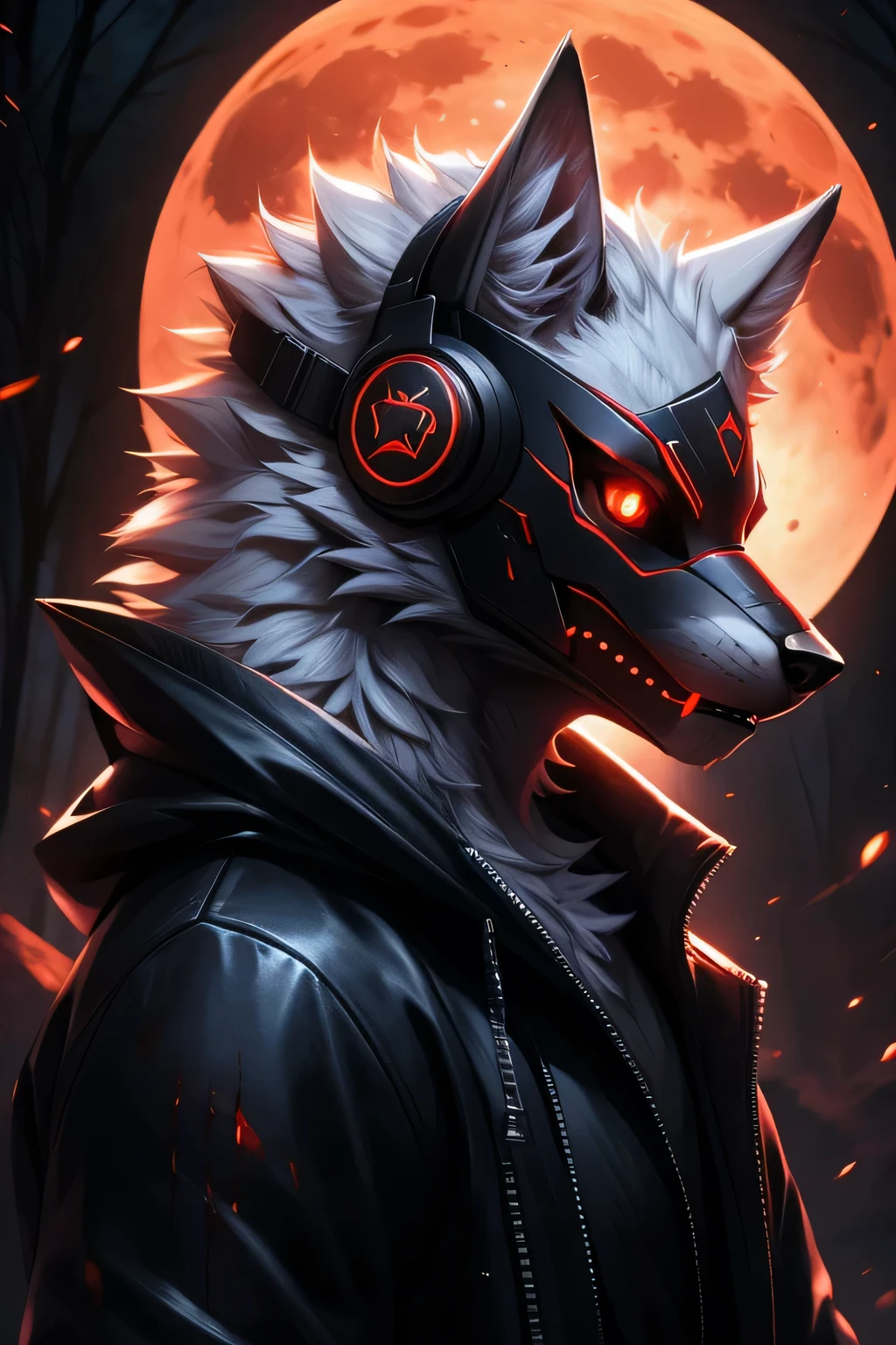 Young werewolf, white fur, wearing a black jacket with neon details, sporting a cybernetic mask, with gamer headphones, profile picture, Close-up on the faceThe ultimate wolf of death) Best quality, Ultra-high resolution,1 Furry boy， Solo，Detailed eyes, voluminetric lighting, Amazing, finedetail, , Black cloak , White fur, Red eyes, Black sclera, Bright pupils, Bright atmosphere, Muscular, The entire body of the machine, full moon , Red Moon , (Blood Moon), Woods in the background, Night (Remake 4K)，Toned body
