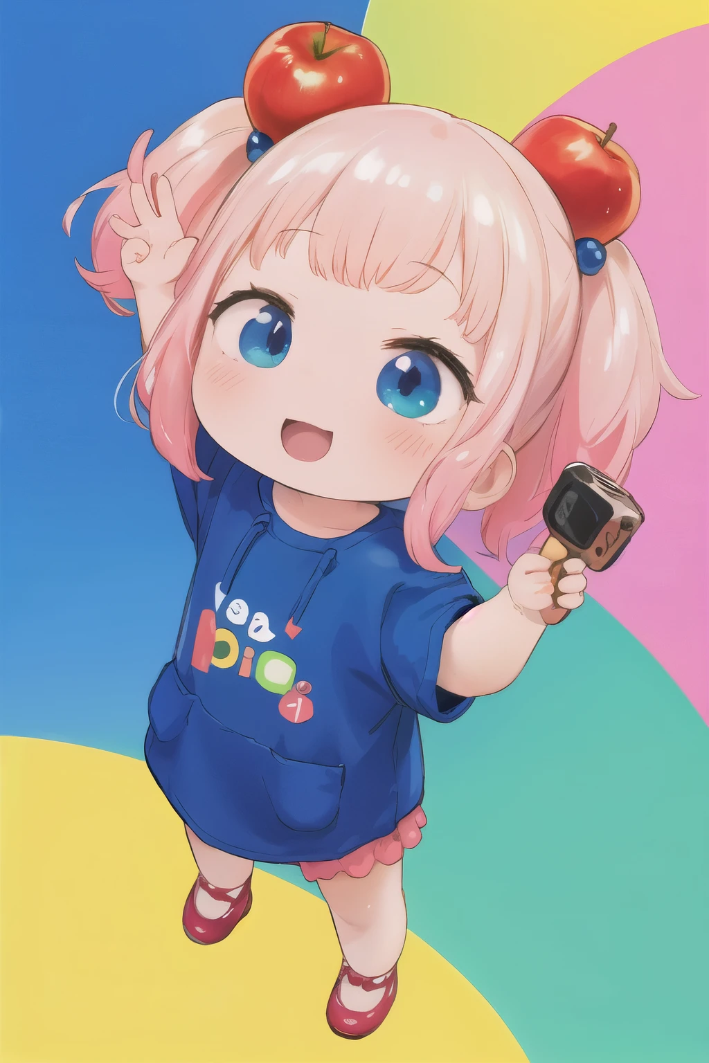 Photorealistic、Chibi Girl Doll(Apple-themed clothing、Have a magic wand、smile、Vibrant colors)