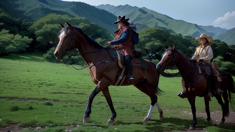 彼らは山を背景に野原でOn Horsebackいる, Mexican Bakero, Movie stills DND, A scene from a Danis Villeneuve film, On Horseback, Live-action movie stills, Robert Jacobsen, Profile shot, Movie stills DND movie, Stephen Berredin, A wanderer traveling from afar, Full color still images, Production is still