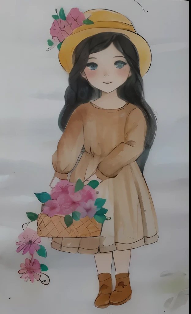desenho de uma com uma cesta de flores, com seus cabelos negros usando chapeu, watercolored, pastel artwork, colored sketch, colorized pencil sketch