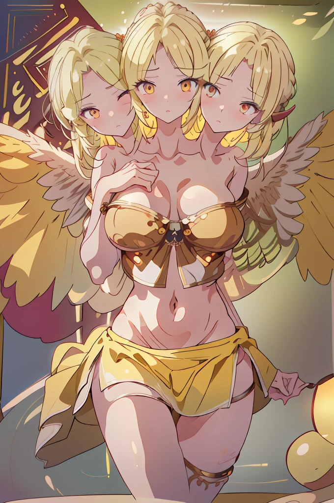 (masterpiece, best quality), best quality, (ultra-detailed), (3heads:1.5), 1girl, (gengetsu1.3), masterpiece, best quality, ultra quality, ultra resolution, pink and white top, crop top, ((stomach)), midriff, ((groin)), pink and white skirt, normal ears, shackles, medium-length yellow hair, very long hair, wavy hair, yellow eyes, very detailed eyes, parted lips, sweat, cute, toned belly, hand on own chest, eyelashes, (25 year old woman:1.3), (masterpiece:1.5), (best quality:1.5), (beautiful detailed), extremely detailed CG, extremely delicate and beautiful, depth of field, (finely detailed face), (perfect details:1.3), (mature female:1.3), wide pelvis, slender, large veiny breast, 16k resolution, highres, high quality, high definition, extremely detailed, masterpiece, medium-length yellow hair, long hair, alluring presence, braid, short skirt, close up, big tits, young, red bow, cowboy shot, looking at viewer,
