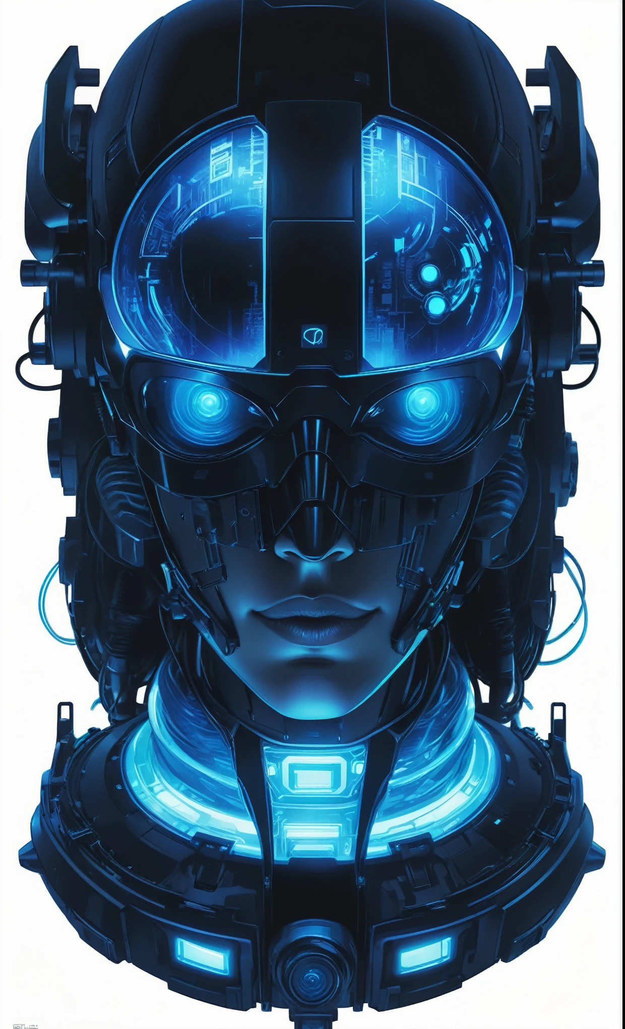 Cybernetic Plato with an electronic blue eye, with poster-style technology