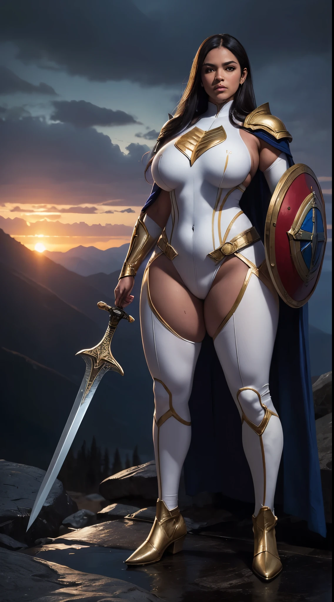 realistic 1.2, sensual pose, Mary marvel, (masterpiece, 4k resolution,  very detailed ) , uniforme do Shazam, capa branca, (DC comics), glistening skin, ,  natural lighting , full defined lips.  female physical form body,  big boobs, athletic body, glistening skin, ,  natural lighting , full defined lips.   female physical form body