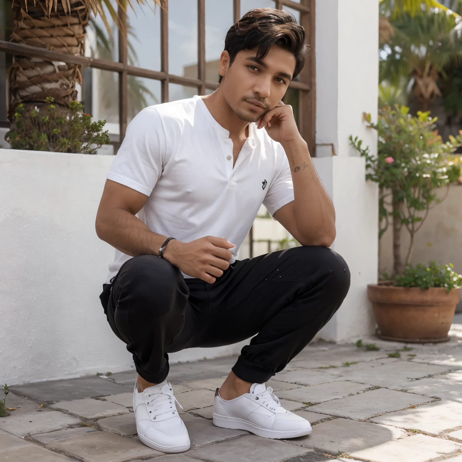 Chico pelo negro ojos marrones poco moreno con pantalones anchos camisa blanca y zapatos blancos