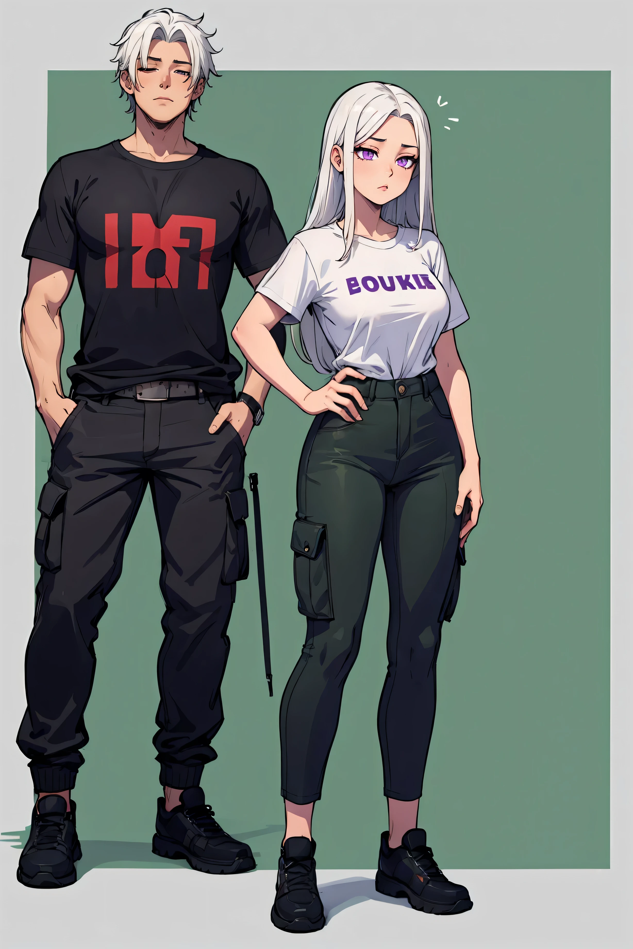 green solid background, 1 woman, best quality, ultra high res, long hair, white hair, purple eyes, skinny cargo pants, no graphic white t-shirt, short sleeves, sleepy at viewers, double D breast, standing, full body