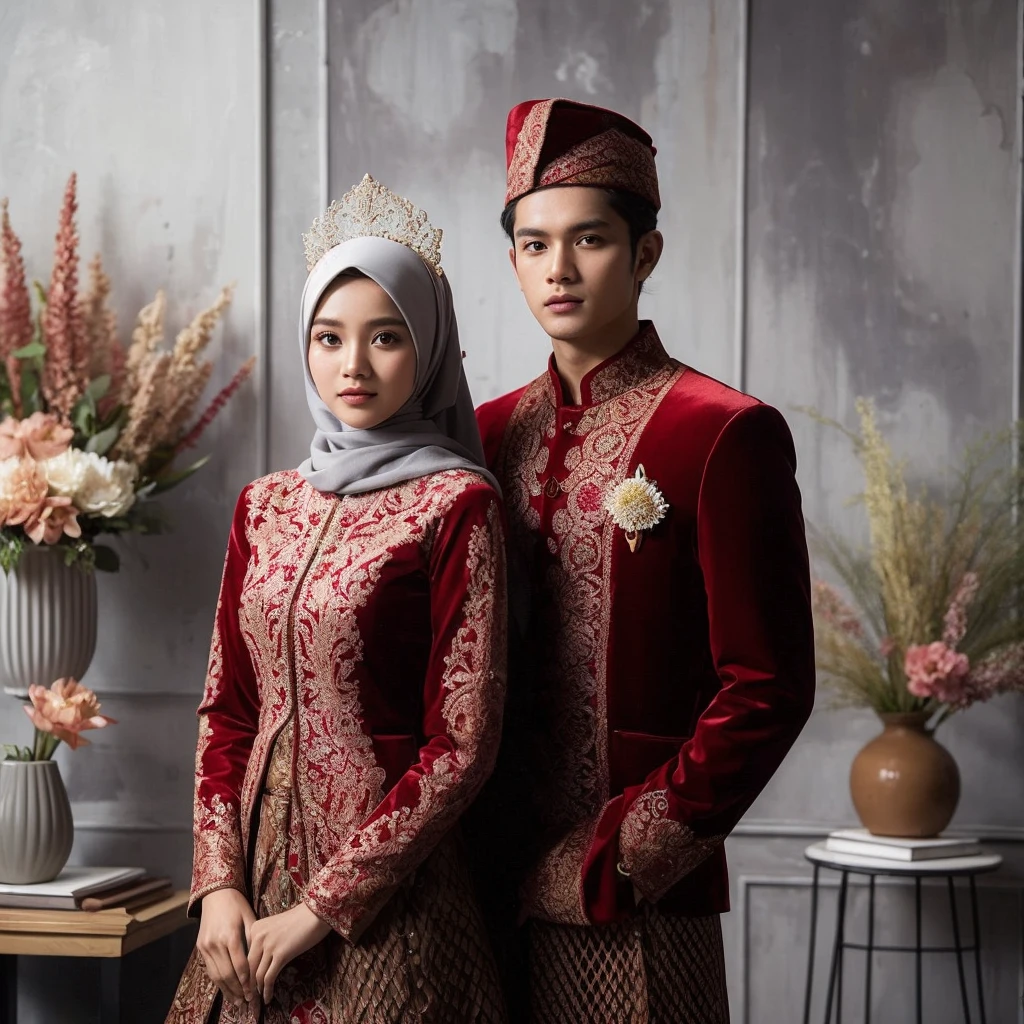 Indoor Photography of Indonesian a woman aged 24 wearing hijab, and man aged 24, all wearing traditional javanese red velvet suit, background in a Studio with grey abstract wall, flower vases, side tables, photography, good lighting, fresh