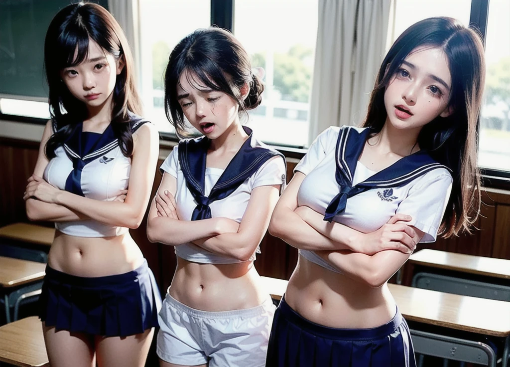 (Three Woman in front of classroom), ((??? teenager and adult)) , ((white crop top sailor suit)), blue student skirts, open navel, open belly, (show abdomen area), ((((arms crossed over chest)))), (((crying))), standing , (ready for punishment), (long shot)