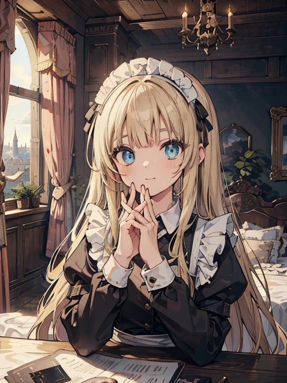 (8k, highest quality, Tabletop:1.2)、Ultra-high resolution, One 14-year-old girl, Perfect Fingers, Detailed face, blue eyes, Blonde, Straight Hair, Long Hair, Black maid outfit,  Inside the castle, Bedroom、Making the bed