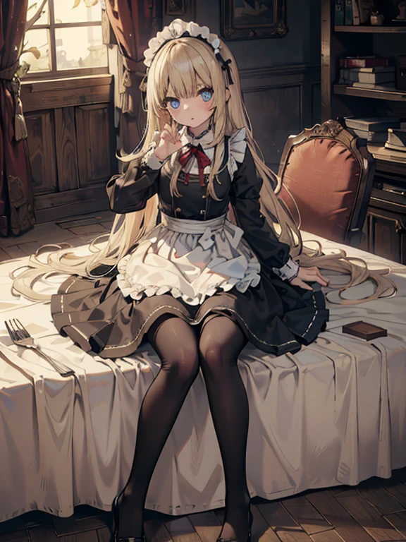 (8k, highest quality, Tabletop:1.2)、Ultra-high resolution, One 14-year-old girl, Perfect Fingers, Detailed face, blue eyes, Blonde, Straight Hair, Long Hair, Black maid outfit,  Inside the castle, Bedroom、Making the bed