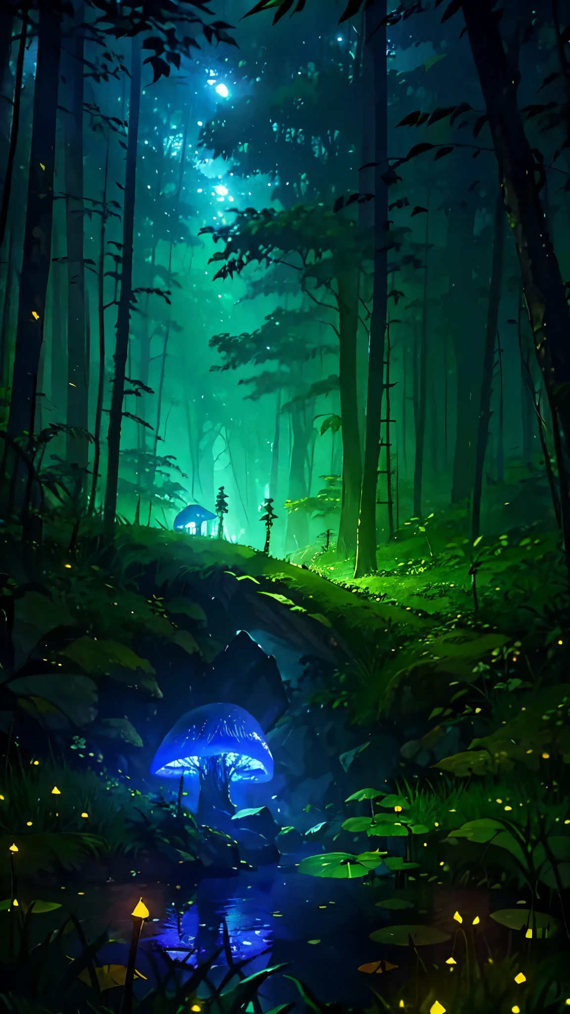 A mystical forest inhabited by tiny fairies, depicted at night. Glowing mushrooms and fireflies illuminate the scene. Towering trees with roots entwined house small fairy homes, and a quiet pond reflects the moonlight, creating an ethereal ambiance