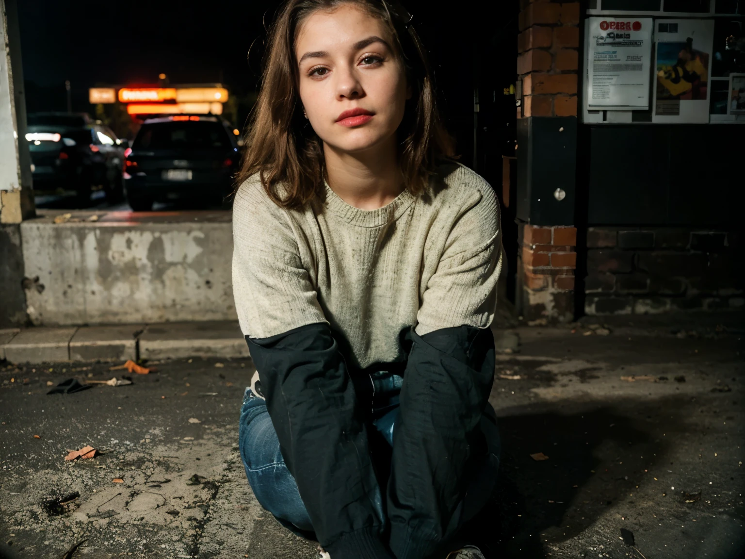 35mm, Fuji Superia 1600, ISO-6400, f/5.6, 1/30, a technicolor night photograph of a young adult girl sitting on the floor on an abandoned gas station. she has short dark blonde hair, brown eyes and red lipstick. she is wearing an old dark green cotton sweater with thick black stripes, jeans shorts and black shoes. she is looking up in a relaxed stance, admiring the view. There is a 2018 Subaru Outback car parked behind her with an open door.