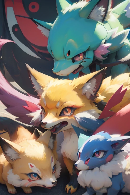 a close up of a bunch of cartoon pokemon characters, style of pokemon, illustration pokemon, style of cute pokemon, mystery pokemon, new pokemon, earth type pokemon, Pokémon, pokemon, photo of real life pokemons, pokemon style, conceptual mystery pokemon, weird pokemon, the fox-like evolution pokemon, pokemon art style, digimon key art, ken sugimori art