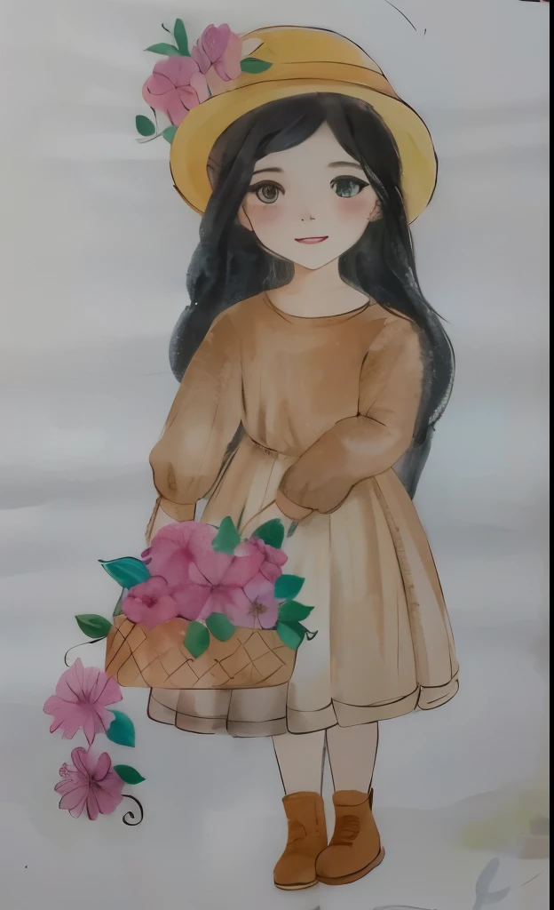 desenho de uma com uma cesta de flores, com seus cabelos negros cacheados, usando chapeu, watercolored, pastel artwork, colored sketch, colorized pencil sketch