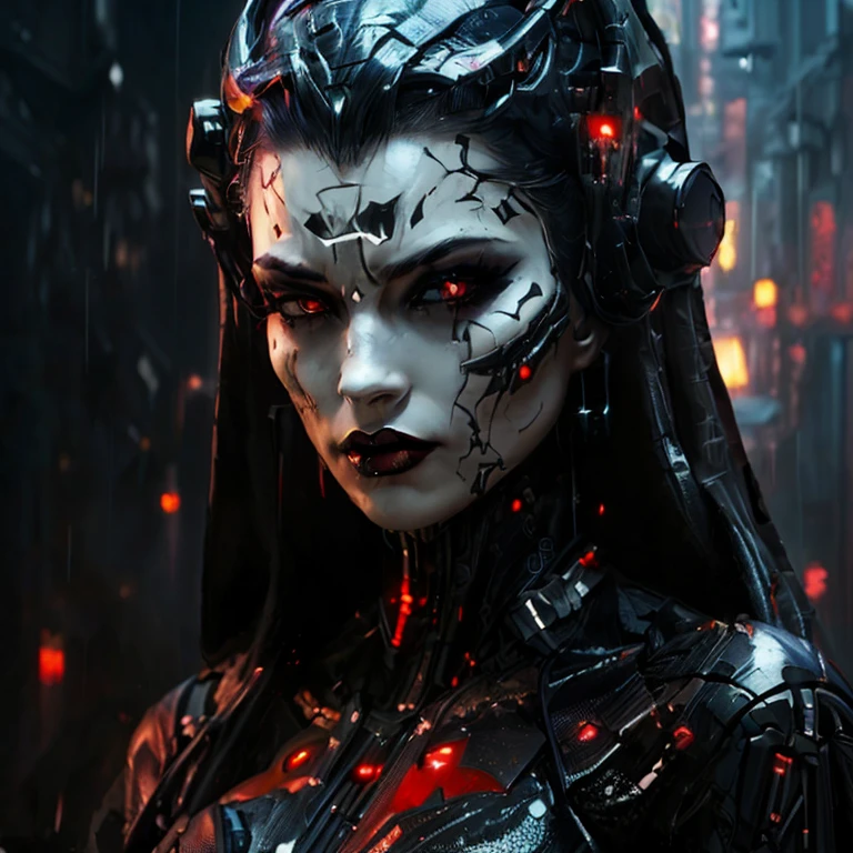 batman arkham knight female villain with red eyes and black hair, cyberpunk robotic elvish queen, cyberpunk angry gorgeous goddess, beautiful cyberpunk girl face, cyberpunk beautiful girl, beautiful cyberpunk woman model, portrait beautiful sci - fi girl, portrait of a cyborg queen, cyberpunk horror style, seductive cyberpunk dark fantasy, cyberpunk dark fantasy art, cyberpunk woman, beautiful cyborg priestess