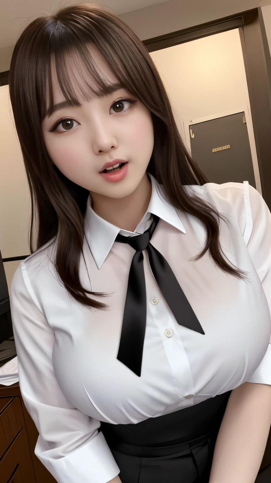 Heart-shaped pupil,(SFW), (masterpiece:1.2), best quality, masterpiece, High resolution, The original, Extremely detailed的壁纸, (Extremely detailed), (Best Illustration), (The best shadow), (Kobeni), Large Breasts, Perky Breasts, (White collar shirt), (Blood:1.1), (Fear:1.2), (Black tie), (Shirt Stains), (dyeing), 1 Girl, looking at the audience, (scared:1.2), (tears:1.1), (Brown eyes), (Peace Sign),tongue out, tongue, Heart-shaped pupil