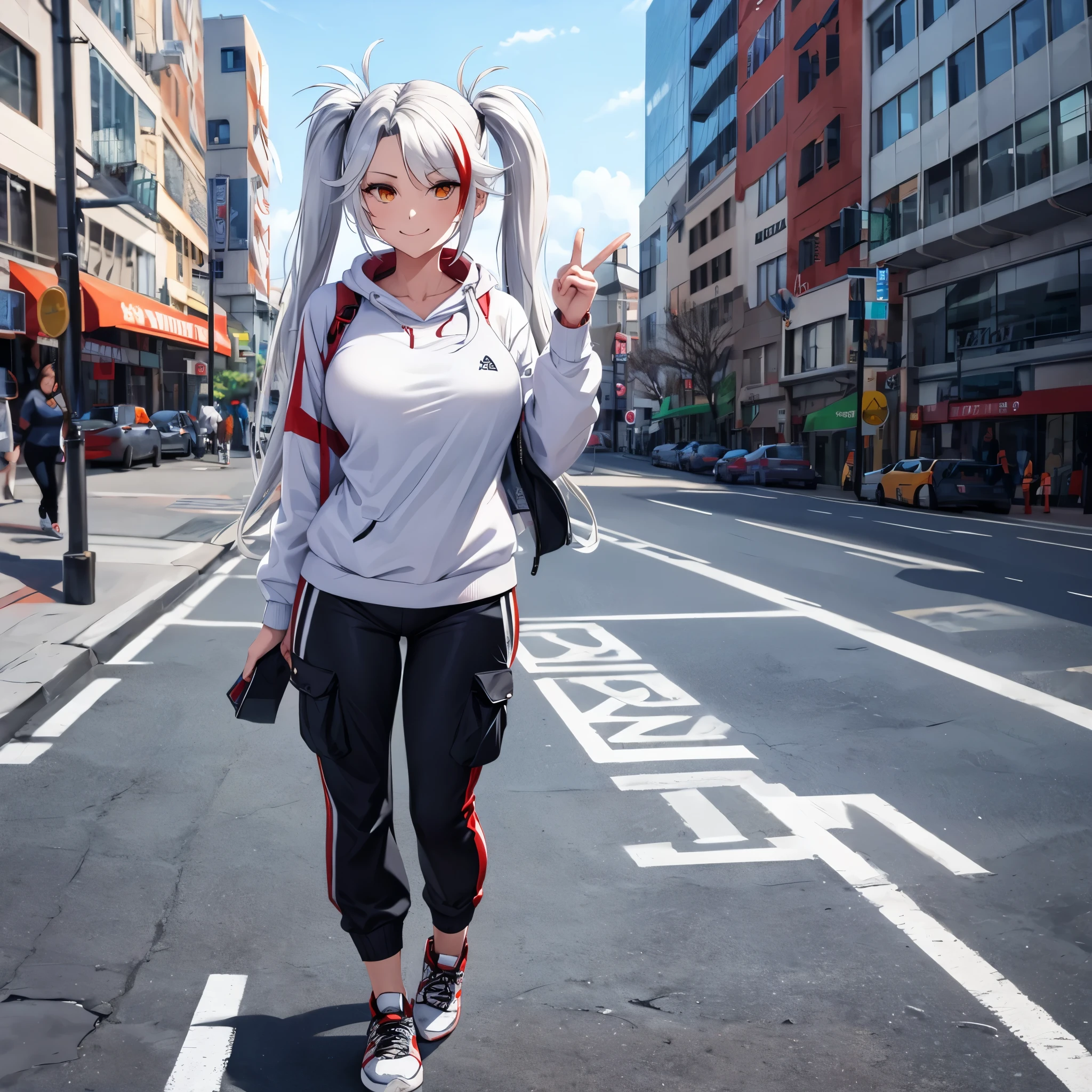 A woman wearing a white sweatshirt with a black stripe, white cargo pants, sports sneakers, long white hair, red bangs, pigtails, orange eyes, smiling, walking on a sidewalk in a big city,full body, stereogram, tachi-e, point of view, atmospheric perspective, 8k, superdetail, accurate, best quality, award-winning, textured skin, high resolution, anatomically correct, bokeh effect, ((woman solo).

