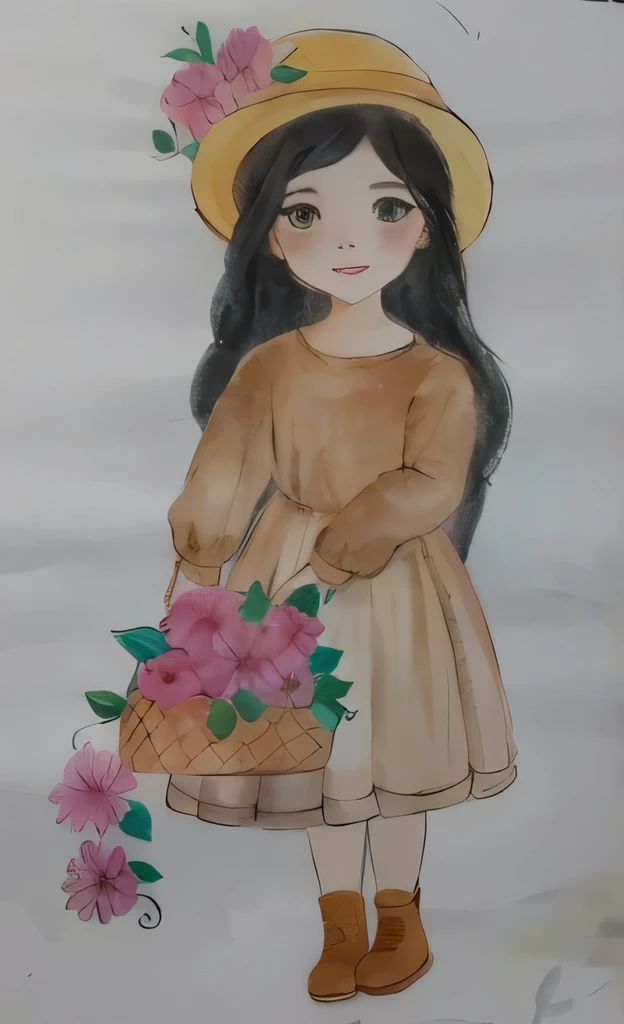desenho de uma com uma cesta de flores, com seus cabelos negros cacheados, usando chapeu, watercolored, pastel artwork, colored sketch, colorized pencil sketch