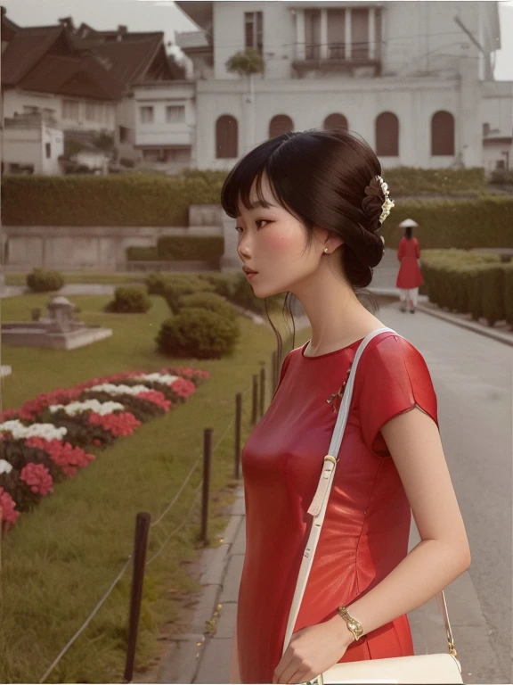 there is a woman standing on a sidewalk with a purse, in style of joel meyerowitz, joel meyerowitz, style of joel meyerowitz, photo courtesy museum of art, a young asian woman, Vietnamese woman, an Asian woman, cover photo portrait of du juan, wearing a red cheongsam, asian woman, jackie tsai style