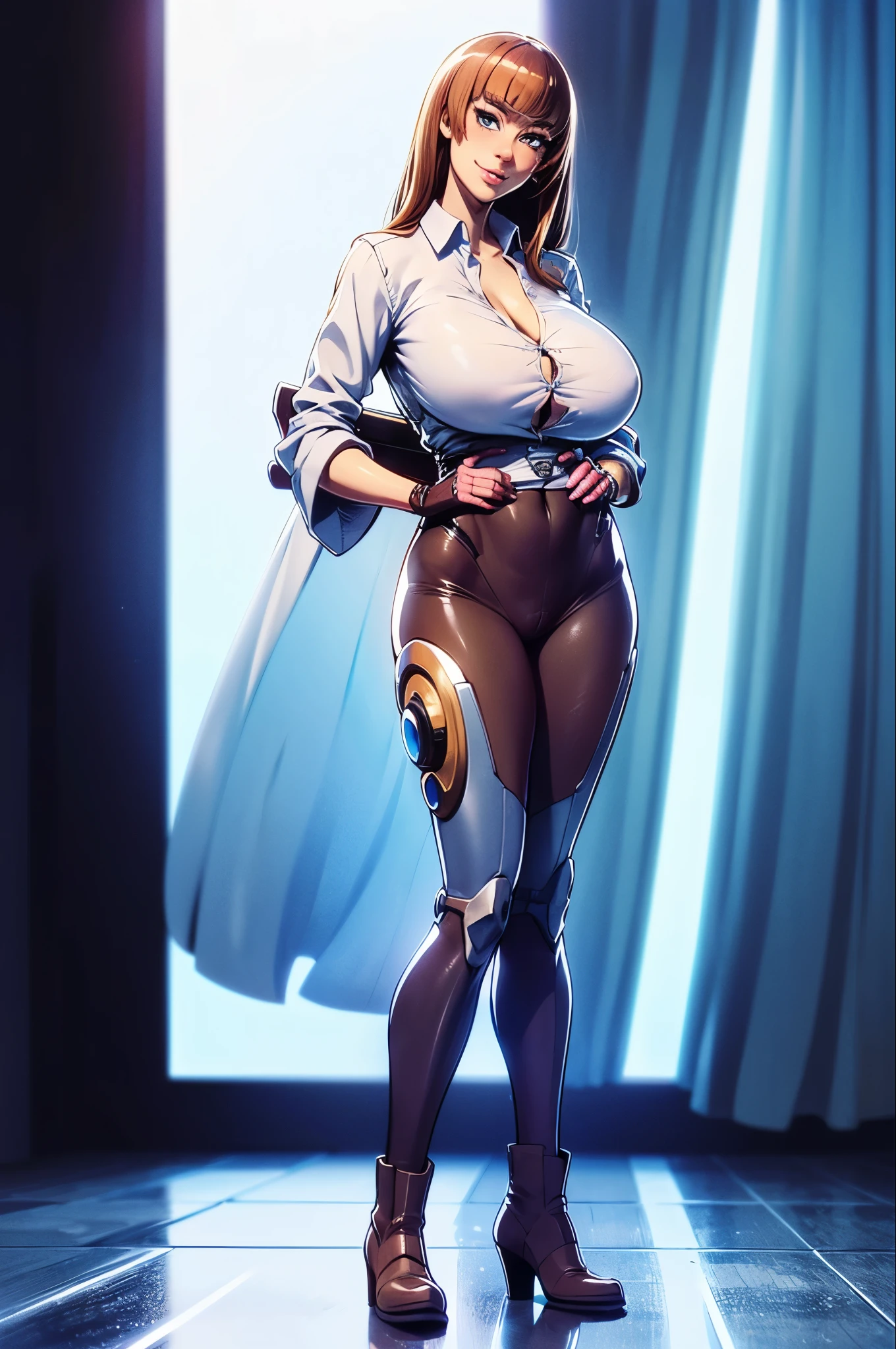 delicate, masterpiece, beautiful detailed, finely detailed, intricate details, (realistic:1.2), (flattering lighting:1.2), (film noise:1.4), (full body), (detailed face), (masterpiece), (best quality), (ultra detailed), (illustration), (Highres) (Detailed illustration) Ultra-detailed, blue eye color, (light blue eye color), detailed face, detailed glassy eyes, (hime haircut), hime hair, (straight bangs), light red hair, ((huge breasts)), ager, athletic body, oppai, epicanthal folds, monolid eyes, very long hair, smug, smug expression, mischievous smile, simple background, japanese teen, small girl with huge breasts, slim build, young woman, stretched shirt, tight black pants, Cyberpunk Japan, city at night scene, (fashionable clothes), cyborg, (mechanical arms), (brown Chelsea boots), white button-up shirt, white collared shirt, tucked in shirt,