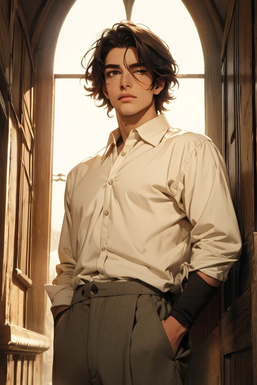 (Qualidade excelente), (high resolution), (absurd play) ((homem)), (Macho), Dez e meia, cabelo branco, cabelo desgrenhado, ((paladino)), ((camisa, pants)), character looking at the camera, rosto detalhado, ((medieval)), ((Bang)), (((roupas simples))), retrato, olhos pequenos, guerreiro viajado