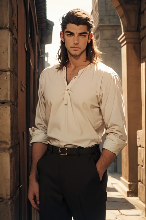 (Qualidade excelente), (high resolution), (absurd play) ((homem)), (Macho), Dez e meia, cabelo branco, cabelo desgrenhado, ((paladino)), ((camisa, pants)), character looking at the camera, rosto detalhado, ((medieval)), ((Bang)), (((roupas simples))), retrato, olhos pequenos, guerreiro viajado