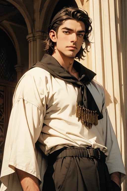 (Qualidade excelente), (high resolution), (absurd play) ((homem)), (Macho), Dez e meia, cabelo branco, cabelo desgrenhado, ((paladino)), ((camisa, pants)), character looking at the camera, rosto detalhado, ((medieval)), ((Bang)), (((roupas simples))), retrato, olhos pequenos, guerreiro viajado