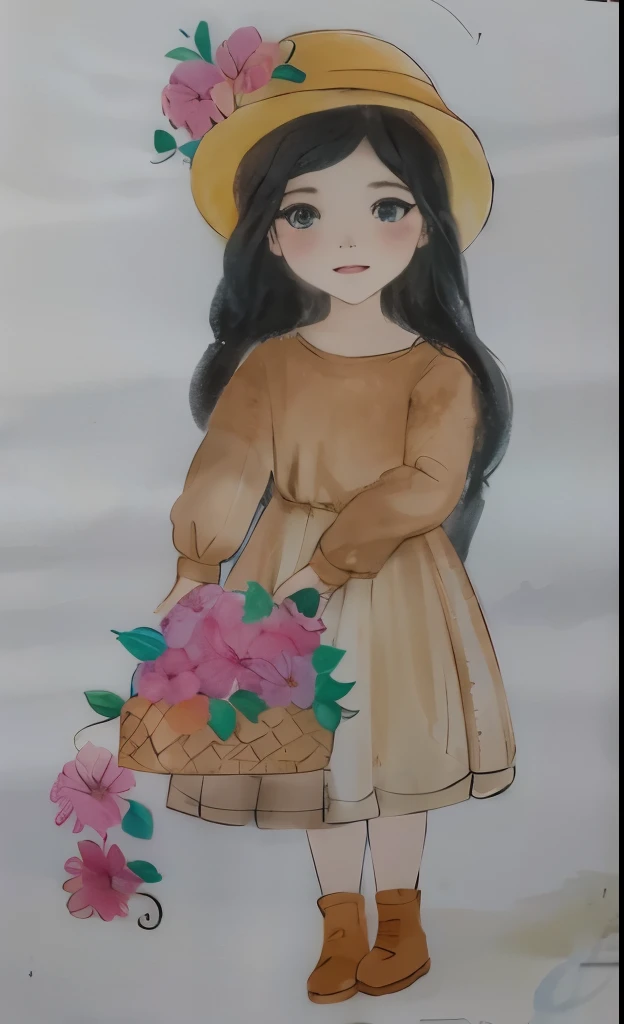 desenho de uma com uma cesta de flores, com seus cabelos negros cacheados, usando chapeu, watercolored, pastel artwork, colored sketch, colorized pencil sketch