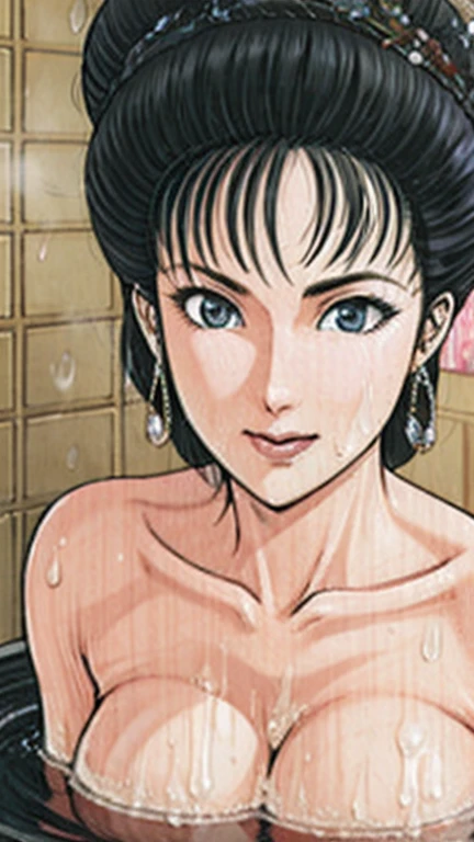 (best quality), (very aesthetic), (ultra-detailed), (best illustration),a mature female,NSFW,Perfect Face,Suikoden,Mrs. Lin,(full_body),(full_nude),red cheek,Large drops of sweat are pouring from the whole body,skinny,chinese traditional bath room,Getting up from the bathtub,Drops of water dripping from the skin