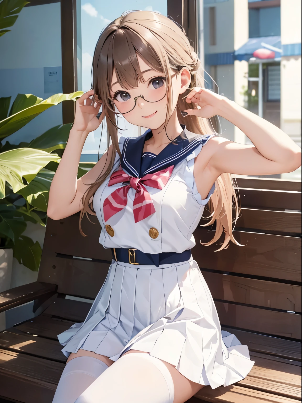 high-level image quality、a 20 yo woman、Japan 、(Sailor suit in cute shades)、(White sailor color)、Smiling with a sexual expression、Cute hairstyle、Sleeveless、Plaid pleated skirt、panthyhose、Stockings、garterbelts、petticoat、(huge-breasted)、Fluttering the chest、Sleeveless、Show the armpits、cute hairstyle、Seaside sandy beach