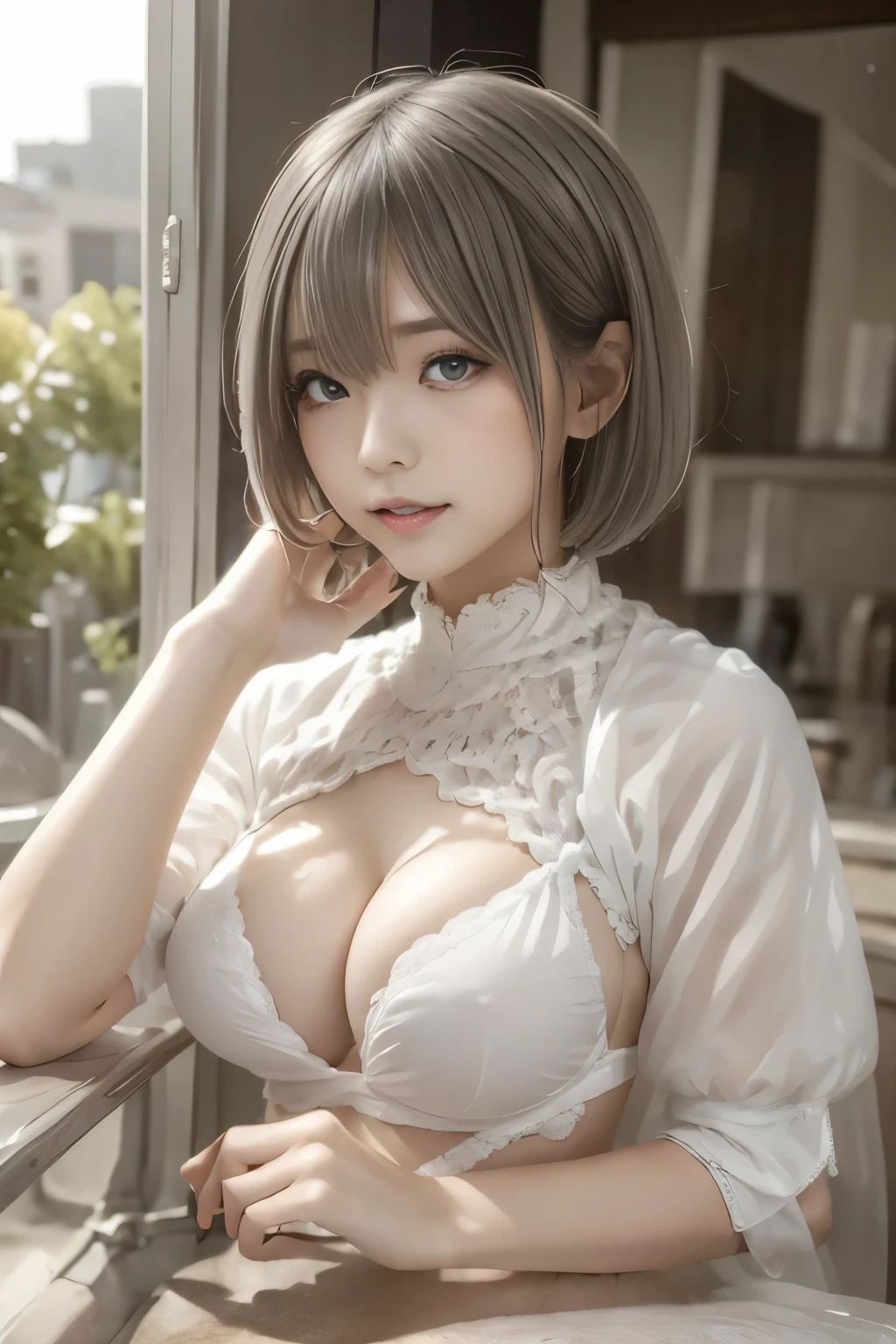 ((high quality)),Tabletop,(Detailed depiction of the local area:1.2),1 Japanese girl,(Ample breasts:1.3),Enchanted Valley,Mouth closed,eyelash,Looking at the audience,Portraiture,alone,Upper Body,Gray Hair,White Theme,short hair,Silver Hair,Yoruhano. 2 Type B,