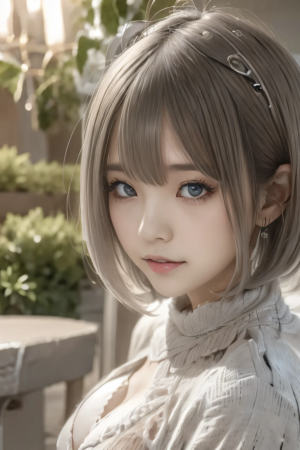 ((high quality)),Tabletop,(Detailed depiction of the local area:1.2),1 Japanese girl,(Ample breasts:1.3),Enchanted Valley,Mouth closed,eyelash,Looking at the audience,Portraiture,alone,Upper Body,Gray Hair,White Theme,short hair,Silver Hair,Yoruhano. 2 Type B,