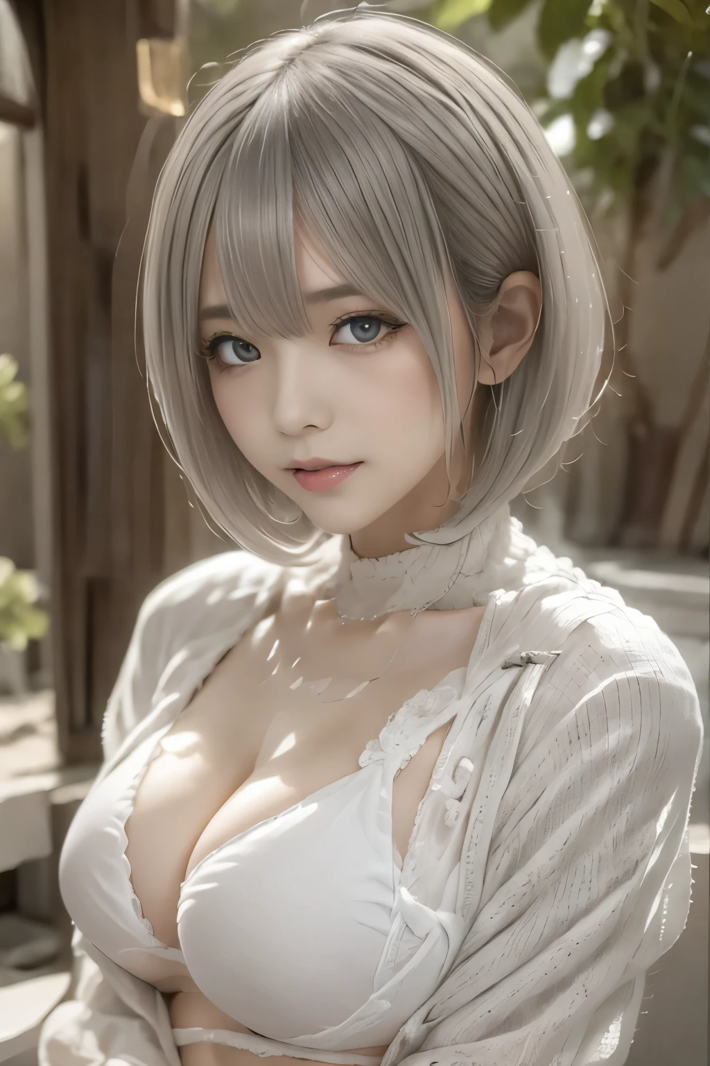 ((high quality)),Tabletop,(Detailed depiction of the local area:1.2),1 Japanese girl,(Ample breasts:1.3),Enchanted Valley,Mouth closed,eyelash,Looking at the audience,Portraiture,alone,Upper Body,Gray Hair,White Theme,short hair,Silver Hair,Yoruhano. 2 Type B,