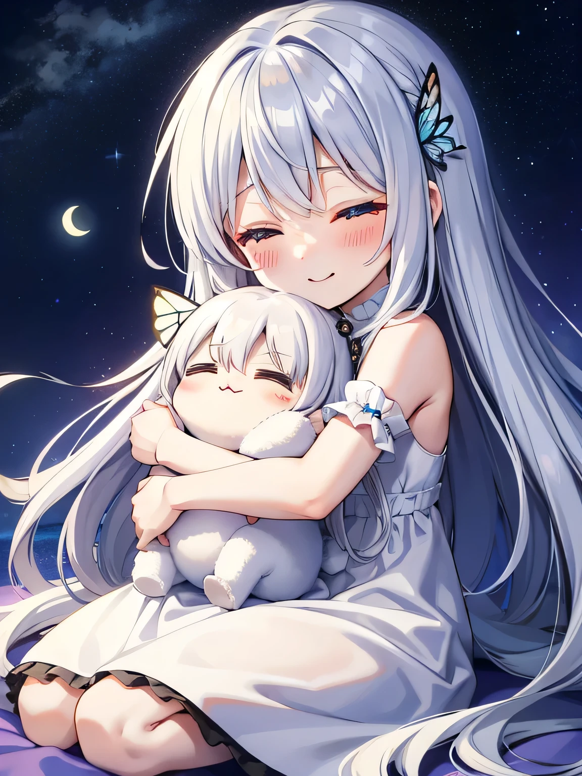 Chibichara White long dress、Shining starry sky and moon(photograph) The air is shining、long, silvery hair((Chibi Character))、A kind smile、fluffy、With a girl、Chibi Character、butterfly々friend、Whole Body Ezbian、Silver Hair、highest quality、Butterfly hair accessory、Looks sleepy、Sit with your knees hugged