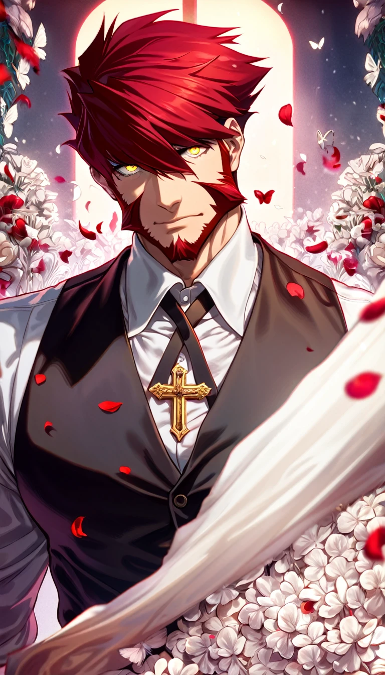 absurdres, highres, ultra detailed, HDR, master piece, best quality, extremely detailed face and eyes, Klaus Von Reinhertz, red hair, expressive yellow eyes, Kekkai Sensen, solo, sexy man, handsome, toned chest, white shirt, black vest, cross, butterflies, petals