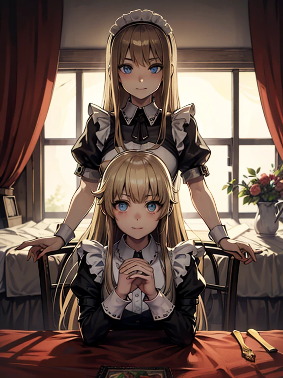 (8k, highest quality, Tabletop:1.2)、Ultra-high resolution, One 14-year-old girl, Perfect Fingers, Detailed face, blue eyes, Blonde, Straight Hair, Long Hair, Black maid outfit, Inside the castle, Bedroom、Making the bed