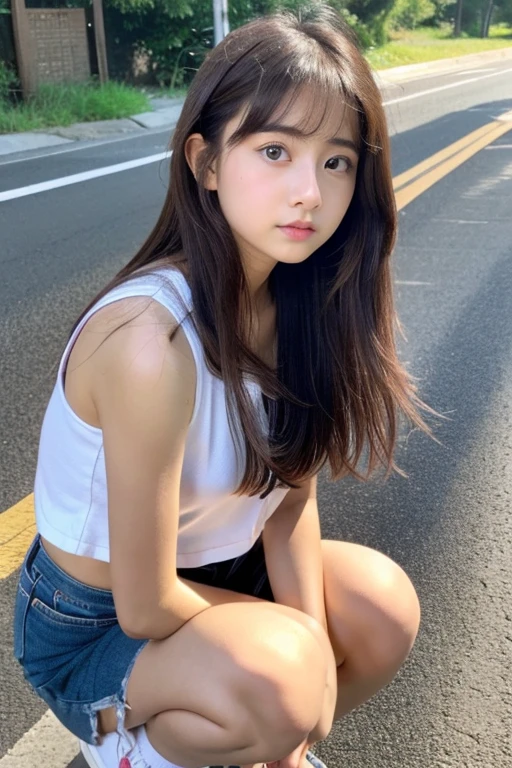 [[[Angry face]]]、((highest quality))、(masterpiece:1.3)、RAW Photos、8k、(highest quality)、(Highest Resolution)、Beautiful face in every detail、Realistic、(The most beautiful woman:1.3)、(best women) :1.3)、high school girl、(Small face)、Random hairstyle、(high school girlの)、(The most beautiful girls in school:1.3)、(Country Road:1.3)、(On the way to school)、(( 16 year old beauty))、Beautiful Hair、Long neck、Everyone longs for、summer、Sleeveless、(Big Eyes)、(Full body shot)、squat、