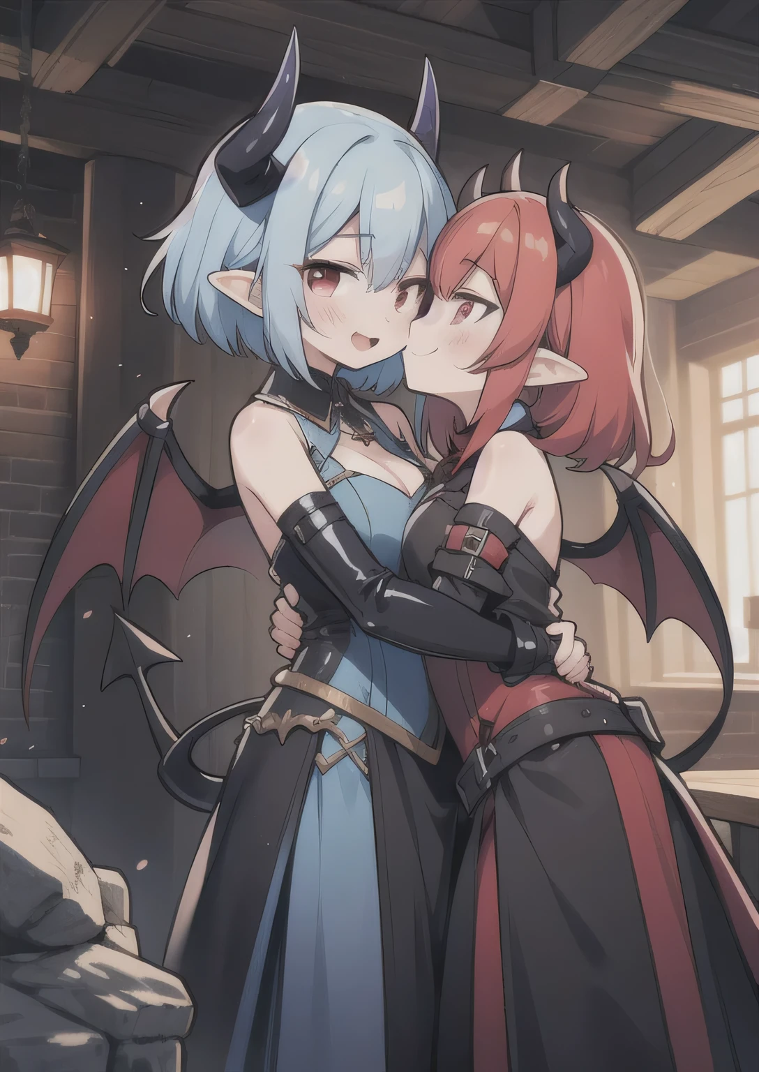 8K,  3girl, petit, teen, kawaii vampire, crimson hair, short hair, red eyes, fang, bat wings, smile, (blush), (shy), pointed ears, looking at viewer,  dynamic angle, wind, game cg, fantastic scenery, demon tail, thin tail, black horns, medium breast, latex, kissing, sexy, dating, dungeons, summon, magic, bulge, show bulge, blue hair