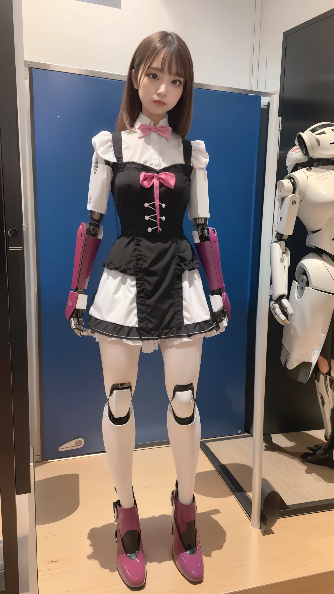 promo photo, waitresses, Gothic Lolita half costume and maid costume, Clothes based on white and pink, robot
