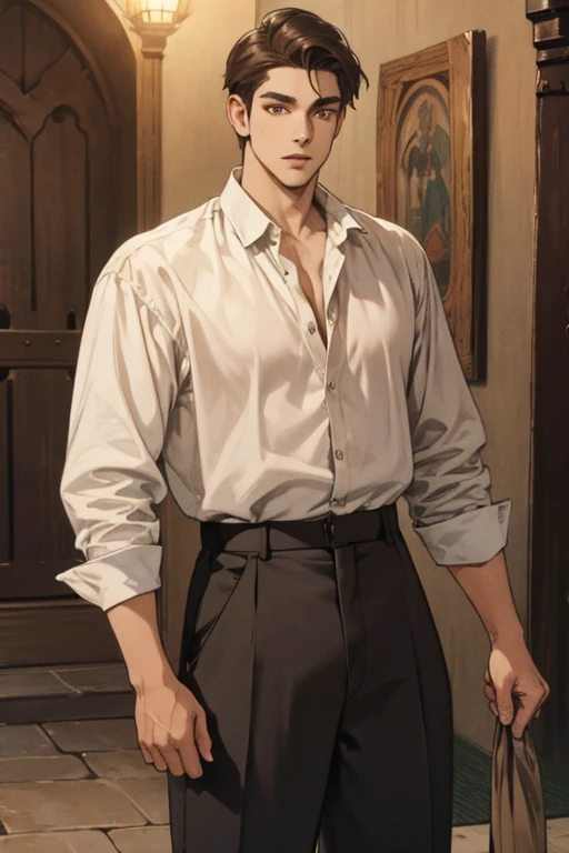(Qualidade excelente), (high resolution), (absurd play) ((homem)), (Macho), Dez e meia, cabelo branco, cabelo desgrenhado, ((paladino)), ((camisa, pants)), character looking at the camera, rosto detalhado, ((medieval)), ((Bang)), (((roupas simples))), retrato, olhos pequenos, guerreiro viajado