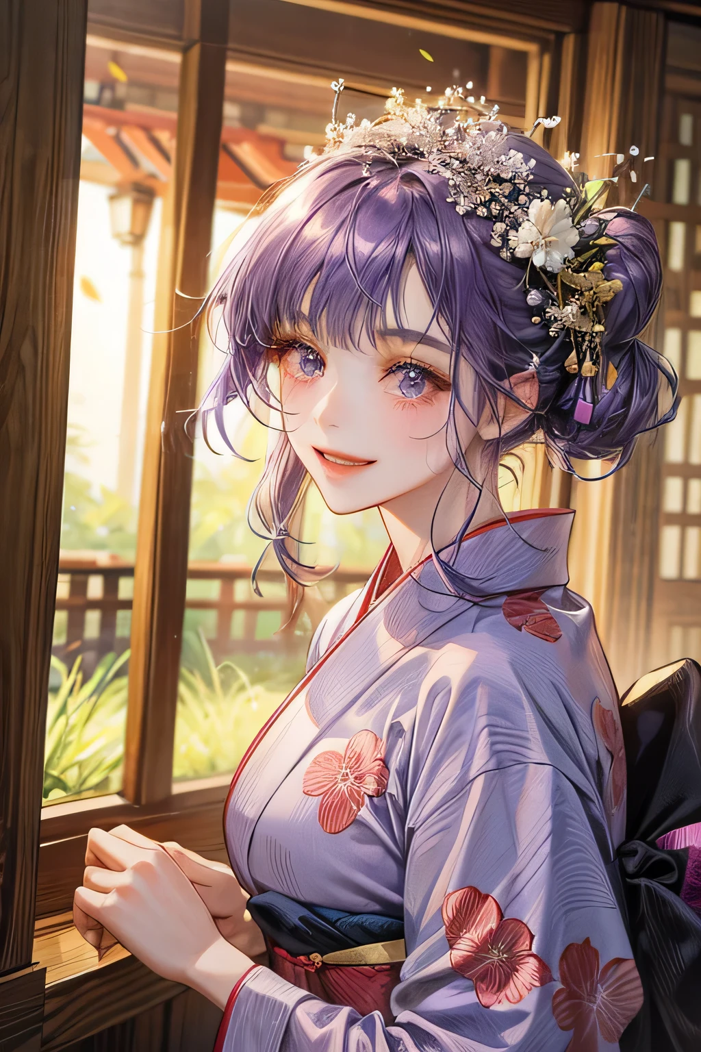 Best Quality,Girl in yukata,smile,Purple hair