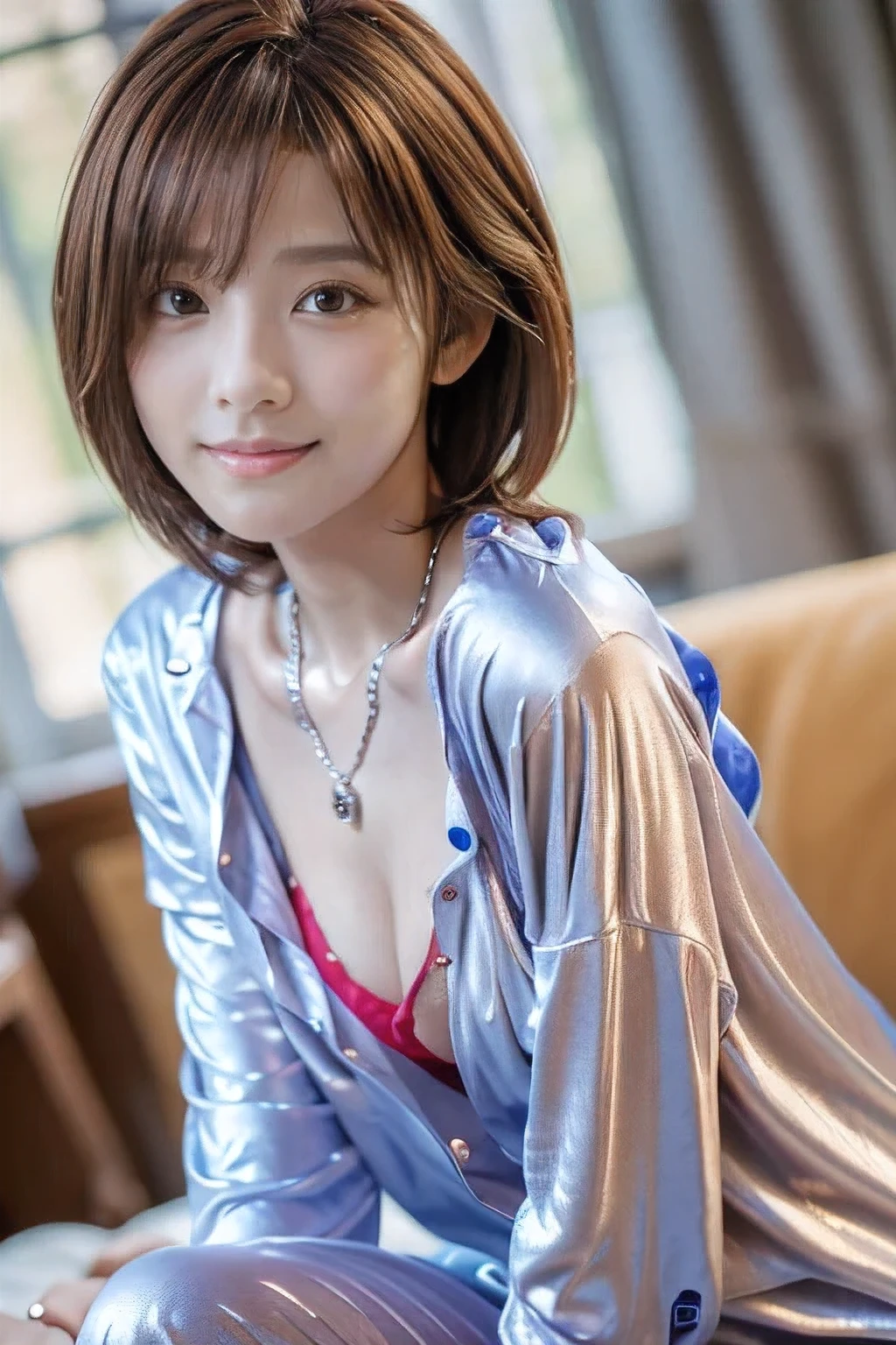 (18-year-old woman at home:1.5)、(The best quality at its best:1.4), (Super detailed), (Very detailed CG unified 16k), Beautiful woman with perfect figure: 1.4, Sharp focus: 1.2, Very detailed, High-quality RAW color photos, Professional photography, Great face and eyes, cosmetics, (Amazingly beautiful girl), ((Bold and sexy silver pajamas:1.5)), Sexy posture，(View from below), Realistic movie faces, Wide zoomed out view of head to foot length, Full body long view, Realistic, ((Realistic natural orange red hairstyle, Realistic blue eyes)), ( Short Bob Hair:1.5), (necklace:1.5)、, Very beautiful face, Perfect model beauty, Mouth swelling, Highly detailed face and skin texture, Fine grain, double eyelid, Medium chest, smile, Crack, west, (masterpiece), highest quality, High resolution, Very detailed, Blurred Background, Depth of written boundary, Cinema Lighting, Great legs, , Clear, well-maintained skin, (((Women make up the majority of the photo)))