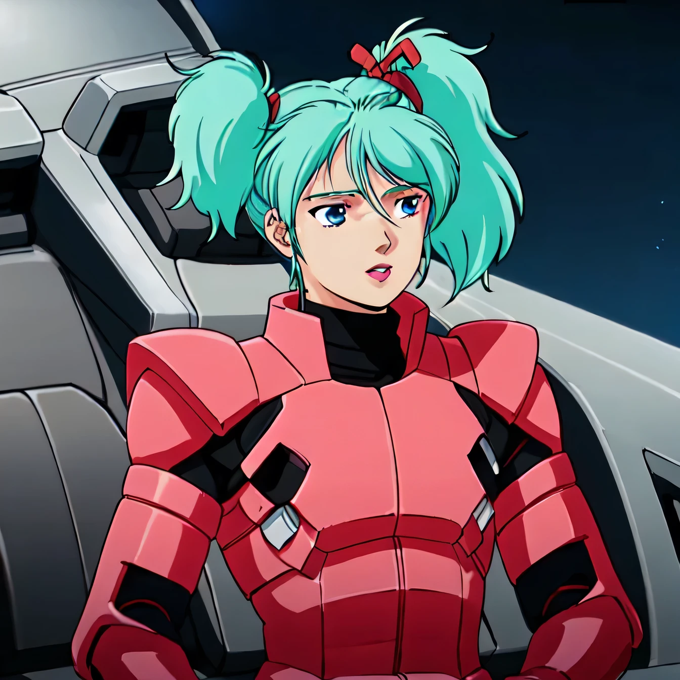 masterpiece,high quality,alone,
Kespalaya,One girl,
Long Hair,Short Twin Tails,Hair Ribbon,Aqua Hair,blue eyes,lipstick,
Pilot Suit,
gloves,
cockpit,space,