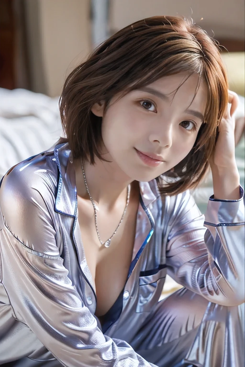 (18-year-old woman at home:1.5)、(The best quality at its best:1.4), (Super detailed), (Very detailed CG unified 16k), Beautiful woman with perfect figure: 1.4, Sharp focus: 1.2, Very detailed, High-quality RAW color photos, Professional photography, Great face and eyes, cosmetics, (Amazingly beautiful girl), ((Bold and sexy silver pajamas:1.5)), Sexy posture，(View from below), Realistic movie faces, Wide zoomed out view of head to foot length, Full body long view, Realistic, ((Realistic natural orange red hairstyle, Realistic blue eyes)), ( Short Bob Hair:1.5), (necklace:1.5)、, Very beautiful face, Perfect model beauty, Mouth swelling, Highly detailed face and skin texture, Fine grain, double eyelid, Medium chest, smile, Crack, west, (masterpiece), highest quality, High resolution, Very detailed, Blurred Background, Depth of written boundary, Cinema Lighting, Great legs, , Clear, well-maintained skin, (((Women make up the majority of the photo)))