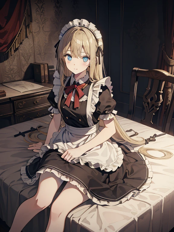 (8k, highest quality, Tabletop:1.2)、Ultra-high resolution, One ****************, Perfect Fingers, Detailed face, blue eyes, Blonde, Straight Hair, Long Hair, Black maid outfit,  Inside the castle, Bedroom、Making the bed