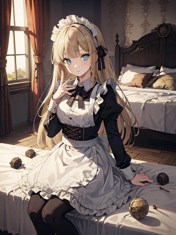 (8k, highest quality, Tabletop:1.2)、Ultra-high resolution, One ****************, Perfect Fingers, Detailed face, blue eyes, Blonde, Straight Hair, Long Hair, Black maid outfit,  Inside the castle, Bedroom、Making the bed