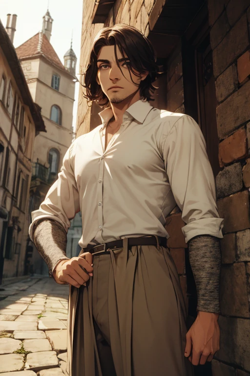 (Qualidade excelente), (high resolution), (jogo absurdo) ((homem)), (olhos), Dez e meia, cabelo branco, cabelo desgrenhado, ((paladino)), ((camisa, pants)), character looking at the camera, rosto detalhado, ((medieval)), ((Bang)), (((roupas simples))), retrato, olhos pequenos, guerreiro viajado